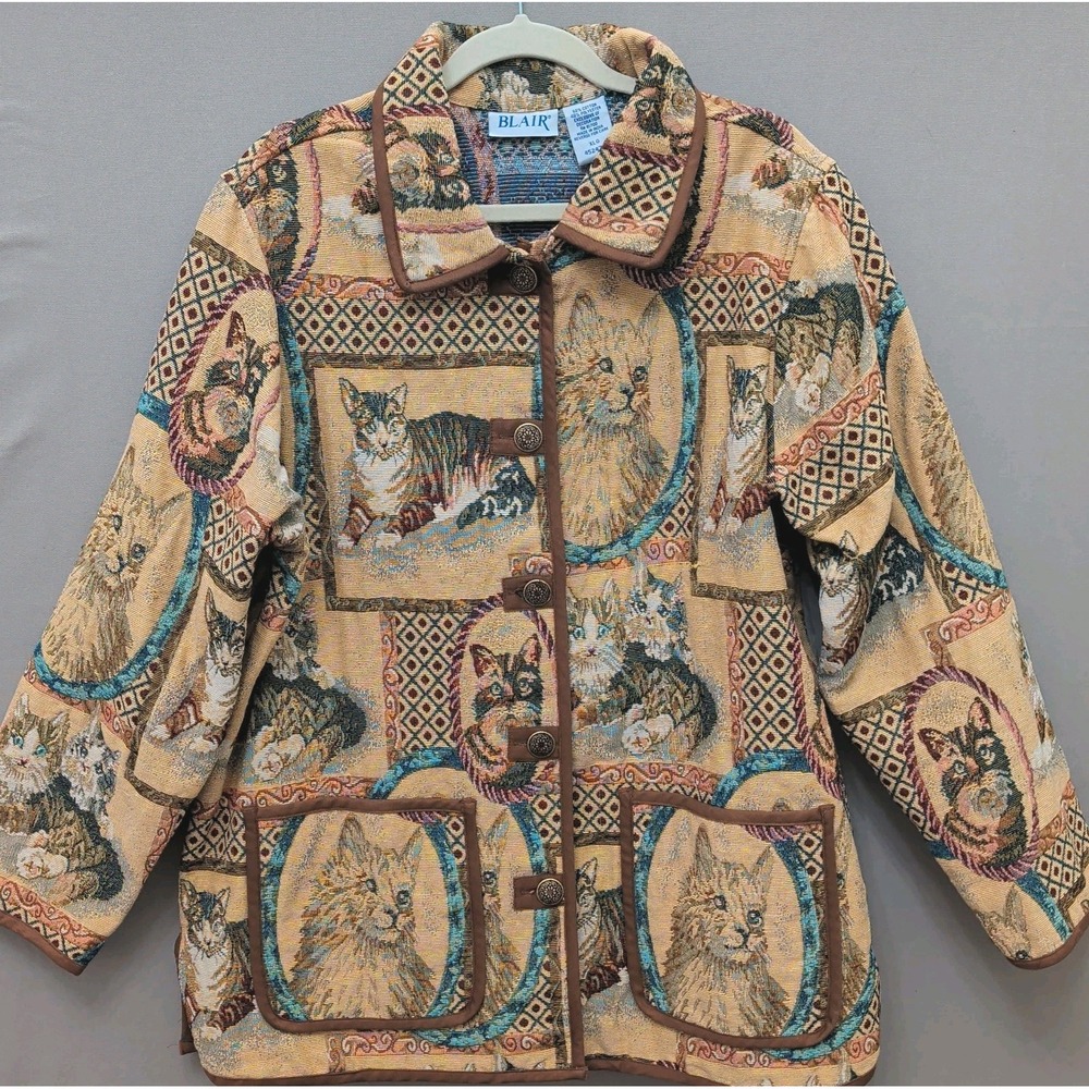 Vtg Blair Novelty Cat Lady Tapestry Jacket Sz XL Wearable Art Grandmacore 90s